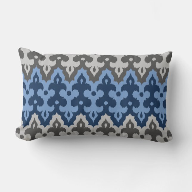 Cojín Lumbar Damasco marroquí de ikat, azul y gris / gris (Anverso)
