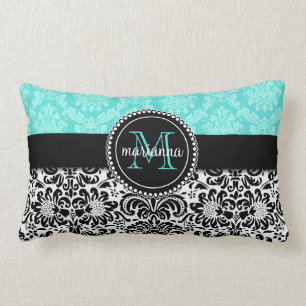 Cojín Lumbar Damasco negro de la aguamarina elegante