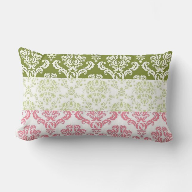 Cojín Lumbar Damasco rosado y verde de la raya (Anverso)