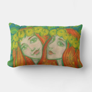 Cojín Lumbar "Dandelions", chicas de cabello rojo en coronas fl