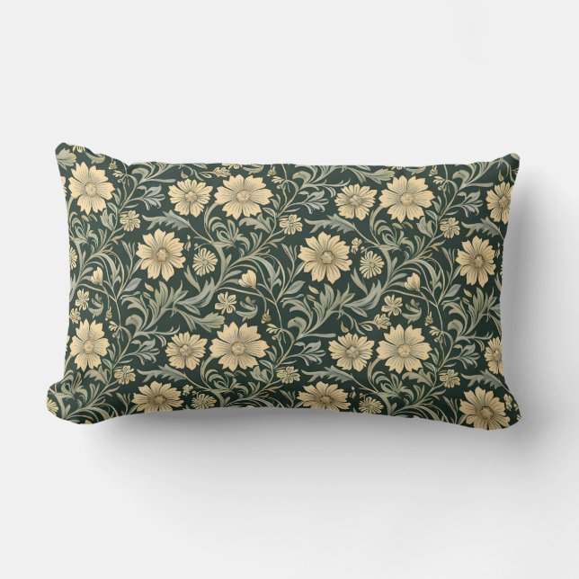Cojín Lumbar Dark green stylized yellow flowers  pattern  (Anverso)