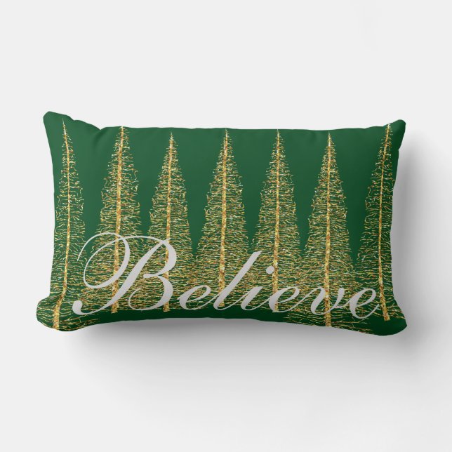 Cojín lumbar de Navidad 'Believe on Green' (Anverso)
