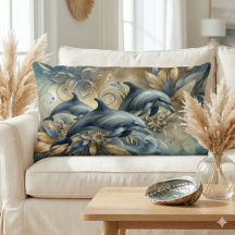 Delfines elegantes con olas doradas florales