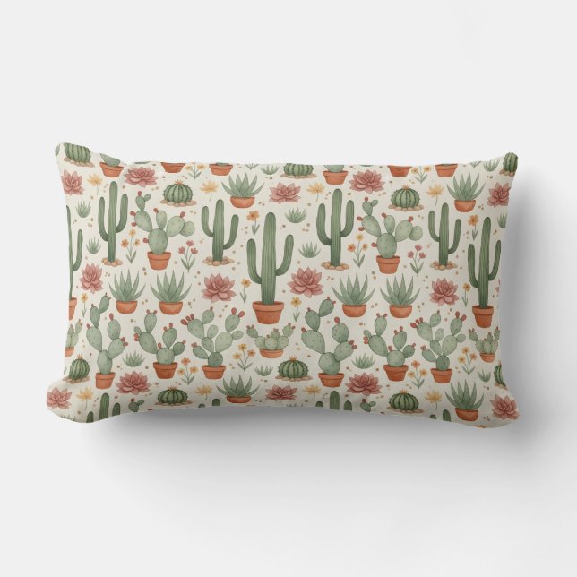 Cojín Lumbar Desert Cacti Succulent Seamless Pattern (Anverso)