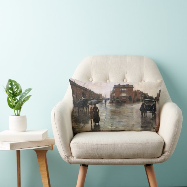 Cojín Lumbar Día de la Lluvia, Boston por Frederick Childe Hass (Silla)