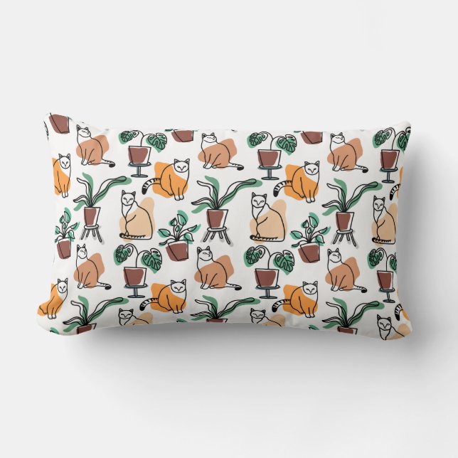 Cojín Lumbar Dibujo en línea de gatos y flores (Anverso)
