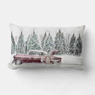 Cojín Lumbar Dibujo vintage de un camión rojo con árbol de Navi