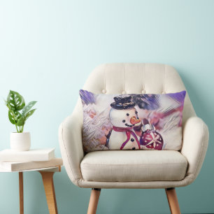 Cojín Lumbar Dibujo vintage de un muñeco de nieve con acuarela