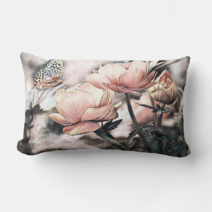 Cojín Lumbar Dibujo Vintage Rosas Rosadas y Grises Mariposa
