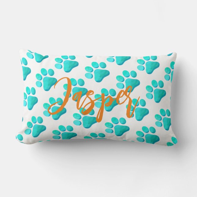Cojín Lumbar Dibujos de pintura Aqua Blue MASCOTA NOMBRE Naranj (Anverso)