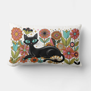 Cojín Lumbar Diseño boho floral de gato negro retro años 70