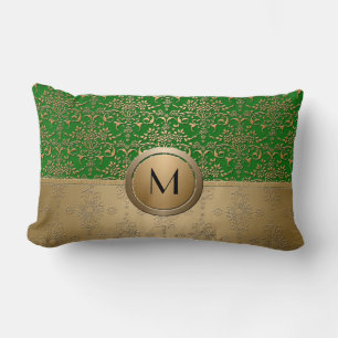 Cojín Lumbar Diseño de damasco con monograma en verde esmeralda
