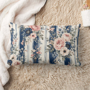 Cojín Lumbar Diseño de patrón de franja floral de acuarela navy