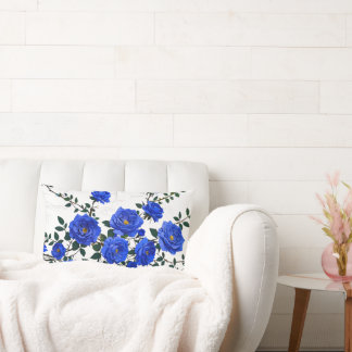 Cojín Lumbar Diseño de Rama de Rosa Azul Elegante