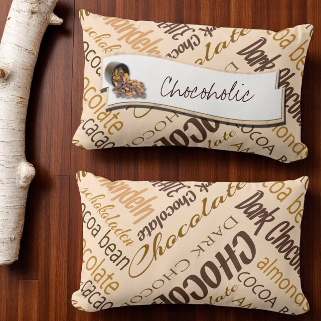 Cojín Lumbar Diseño de texto de chocolate, almendras y chocolat (front template and back word cloud only pillow)