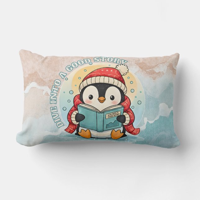 Cojín Lumbar Dive Into A Good Story Cute Reading Penguin Pillow (Anverso)