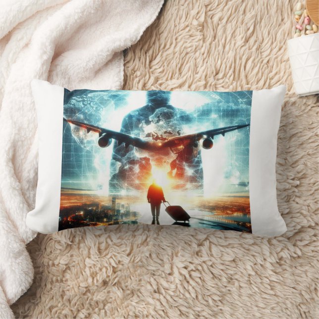 Cojín Lumbar Doble exposición de viajeros y aeropuertos (Manta)
