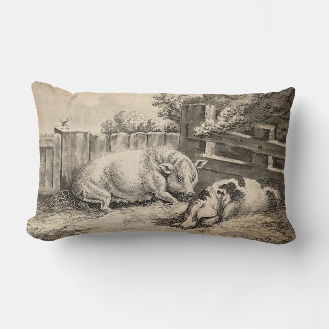 Cojín Lumbar Dos cerdos yacen en la paja en una pluma exterior (Anverso)