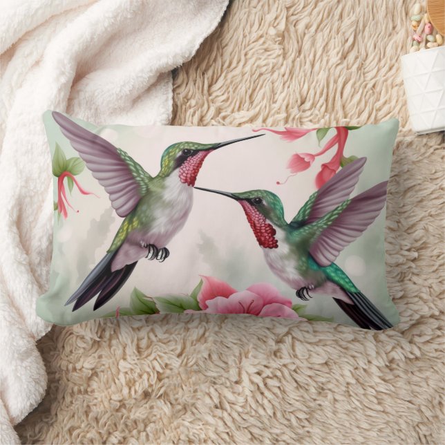Cojín Lumbar Dos colibríes con flores rosadas de Hibiscus (Manta)