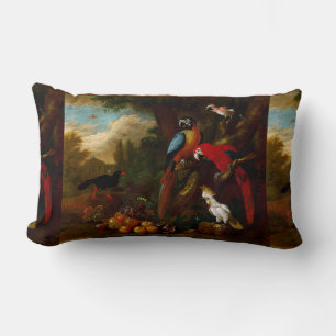 Cojín Lumbar Dos Macaws un Cockatoo y un Jay con Fruit