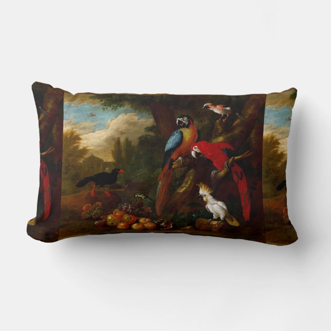 Cojín Lumbar Dos Macaws un Cockatoo y un Jay con Fruit (Anverso)