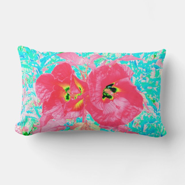 Cojín Lumbar Dos rosados ciruelas de coral rojo loco hibiscus e (Anverso)