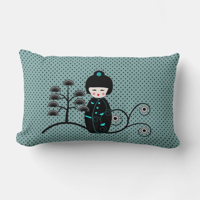 Cojín Lumbar Dot japonés de polka negro y azul (Anverso)