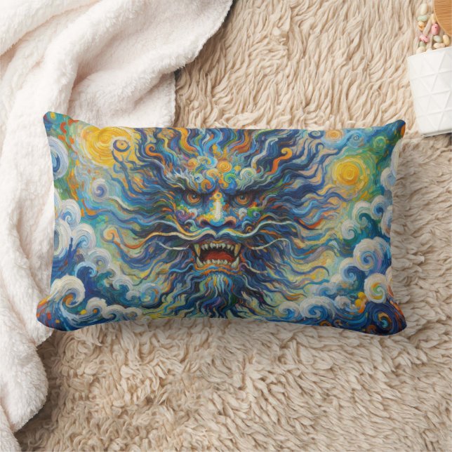 Cojín Lumbar Dragón azul oriental Van Gogh nubes mashup (Manta)