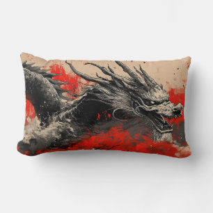 Cojín Lumbar Dragón chino majestuoso con mancha de tinta roja