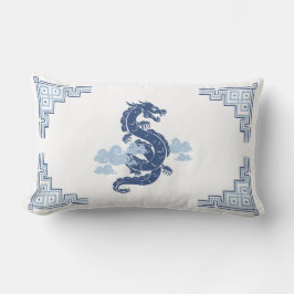 Cojín Lumbar Dragón Chinoiserie azul de pizarra y nubes
