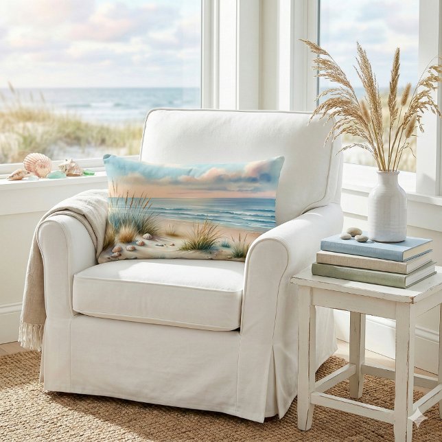 Cojín Lumbar Dunas Costeras Pastel Acuarela (Pastel Coastal Dunes Watercolor Lumbar Pillow Mockup A)