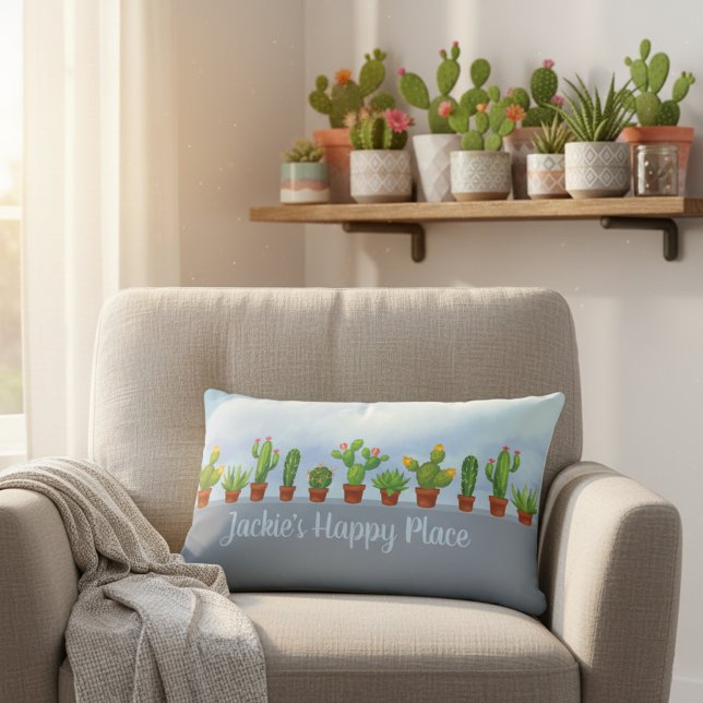 Cojín Lumbar El lugar feliz y personalizado de Cactus Lover (Cactus lover's happy place pillow with custom name!)
