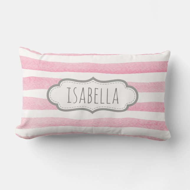 Cojín Lumbar El rosa femenino personalizado raya el monograma (Anverso)