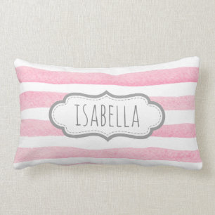 Cojín Lumbar El rosa femenino personalizado raya el monograma