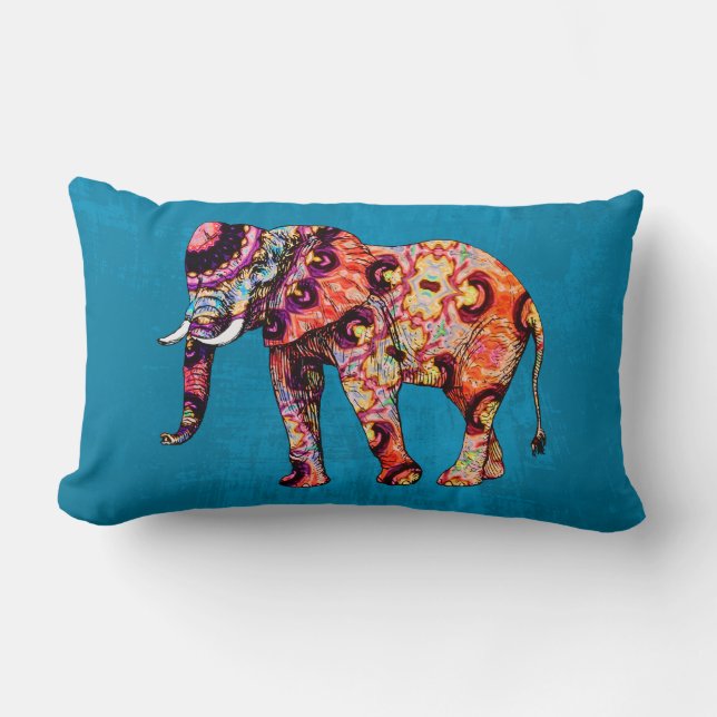 Cojín Lumbar elefante azul naranja púrpura en grano azul (Anverso)