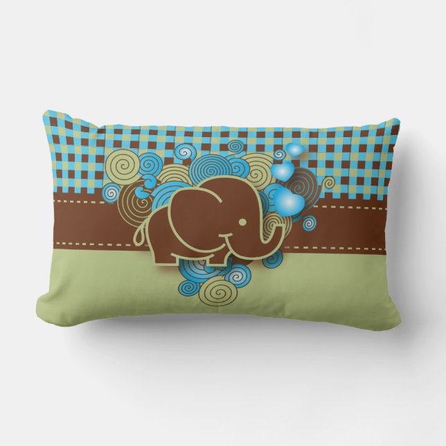 Cojín Lumbar Elefante azul, verde y de Brown de la tela (Anverso)