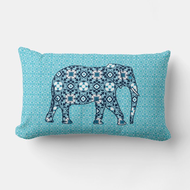 Cojín Lumbar Elefante de mosaico marroquí, cobalto, marina y az (Anverso)