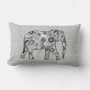 Cojín Lumbar elefante de remolino fractal - gris, negro y blanc