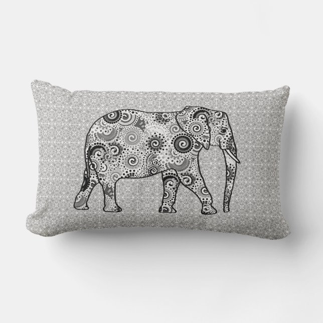 Cojín Lumbar elefante de remolino fractal - gris, negro y blanc (Anverso)