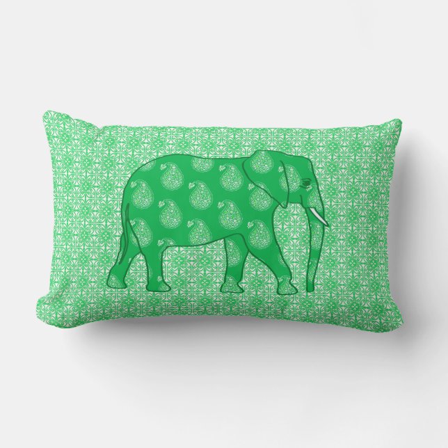 Cojín Lumbar elefante paisley - verde jade y blanco (Anverso)