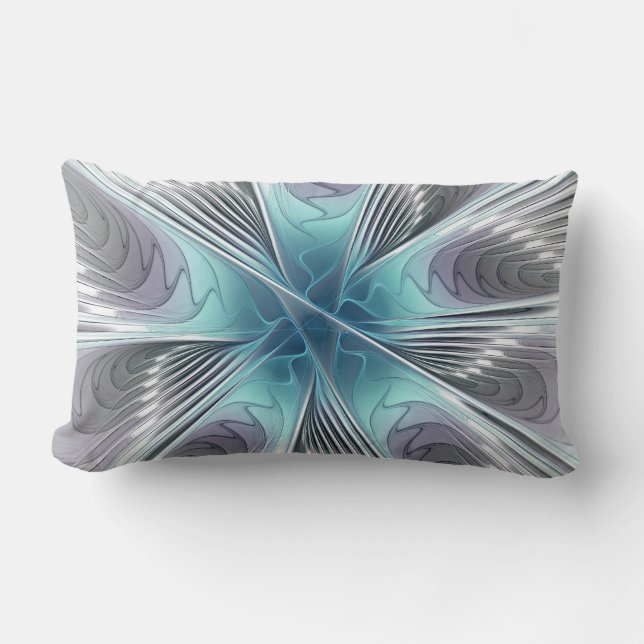 Cojín Lumbar Elegancia Flor de Arte Fractal Blanco Gris Azul (Anverso)