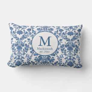 Cojín Lumbar Elegante Blue Toile Monograma Lumbar Pillow
