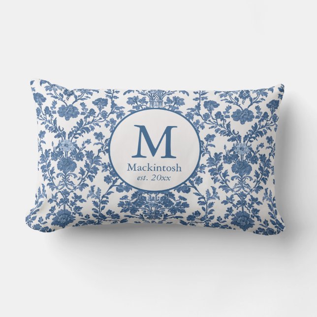 Cojín Lumbar Elegante Blue Toile Monograma Lumbar Pillow (Anverso)