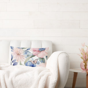 Cojín Lumbar Elegante Bungalow rosa y azul de flores