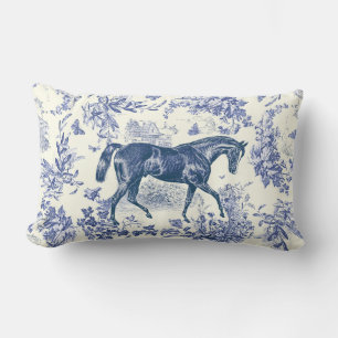 Cojín Lumbar Elegante Caballo Vintage Toile Floral Azul