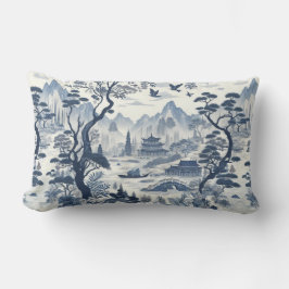 Cojín Lumbar Elegante Chinoiserie Pagoda Blue & White Scenic