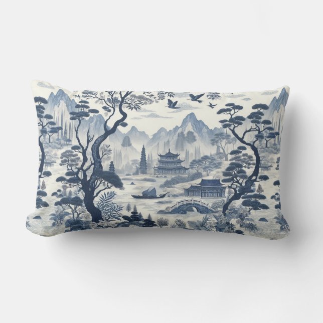 Cojín Lumbar Elegante Chinoiserie Pagoda Blue & White Scenic (Anverso)
