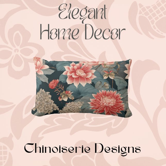 Cojín Lumbar Elegante Chinoiserie Verde azulada Peach Florals (Subido por el creador)