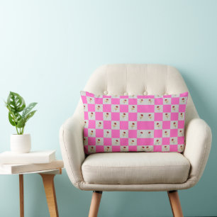 Cojín Lumbar Elegante Cuadro Rosa y Blanco Con Flor  