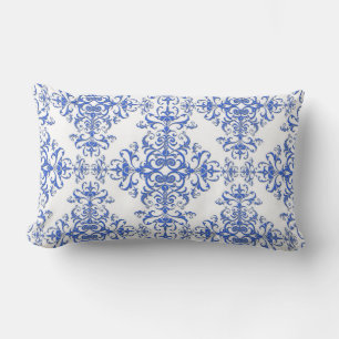 Cojín Lumbar Elegante Damasco estilo floral azul y blanco